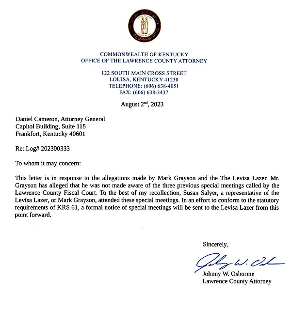AG rules in favor of Levisa Lazer in complaint against Lawrence Fiscal  Court violating OM law
